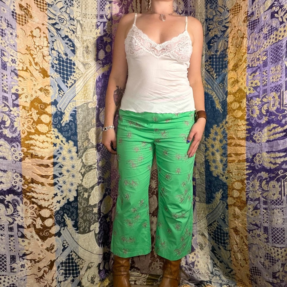 Boho Green Pink Floral Embroidered Mid Rise Wide Leg Flare Capri Pants Size L